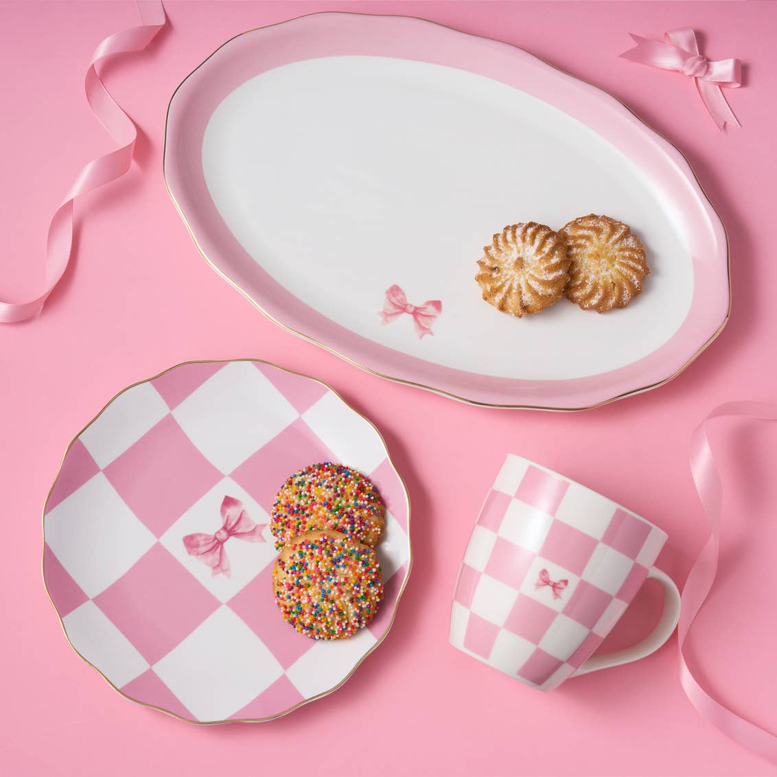 Coquette Checkered Pink Bow Appetizer Dessert Plate