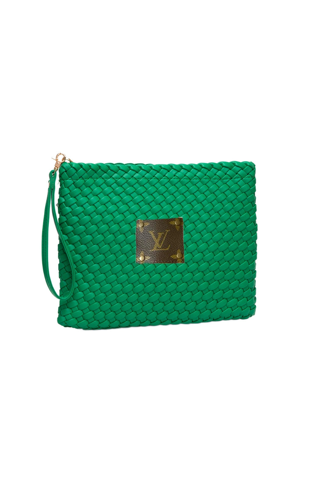 Kelly Green LV Upcycled Basketweave Wristlet Clutch
