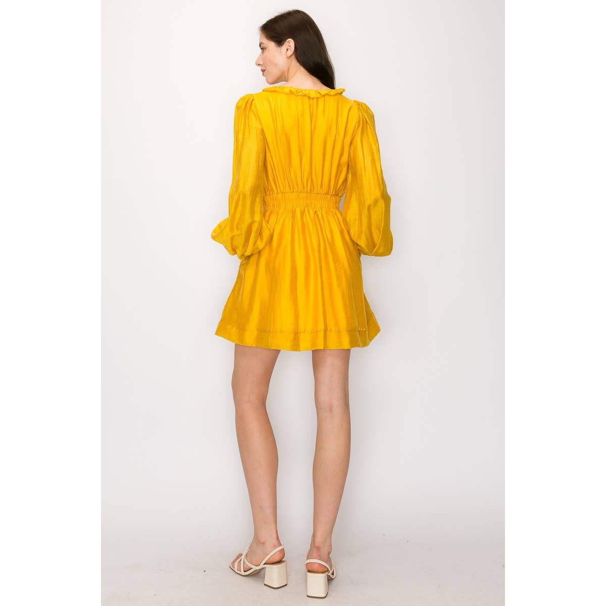 Long Puff Sleeves Ruffle Smoking Waist Mini Dress