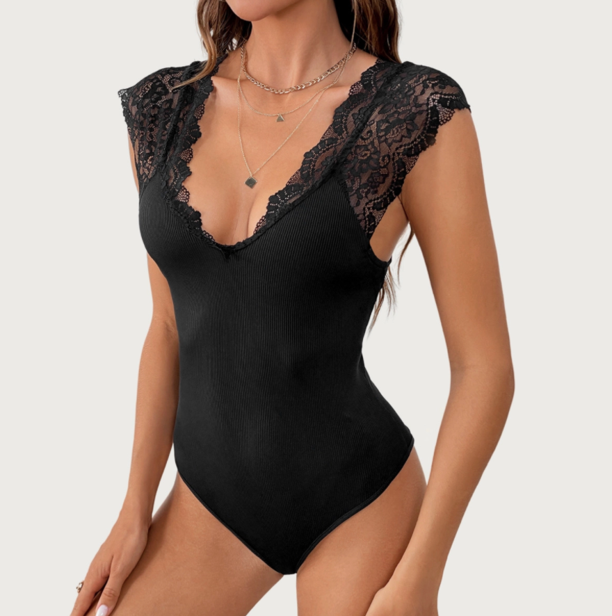 Flirty Black Deep V-Neck Lace Strap Ribbed Bodysuit