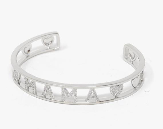 Silver and Crystal Heart Cuff - Mama
