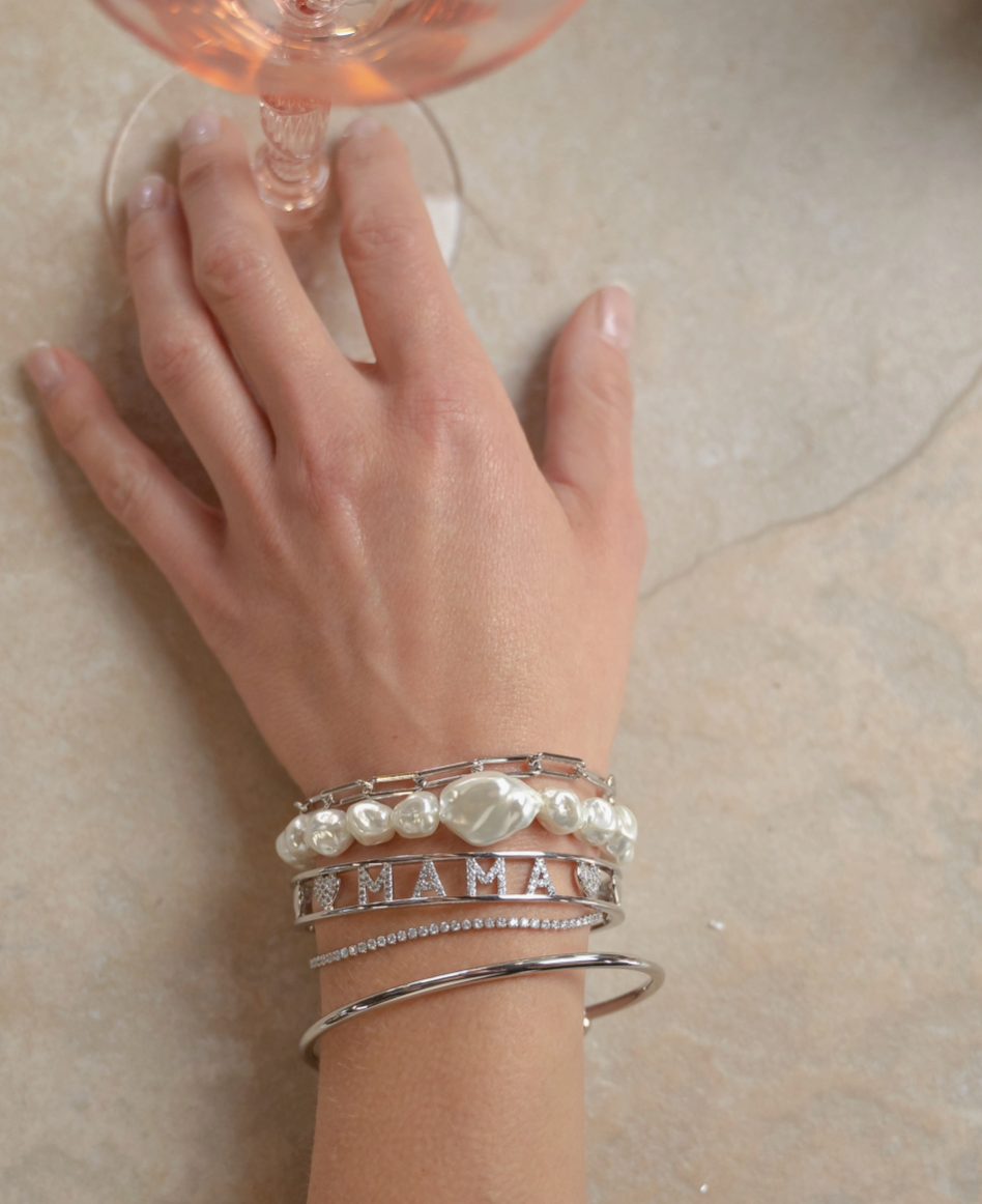 Silver and Crystal Heart Cuff - Mama