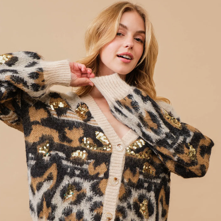 Soft Leopard Pattern Sequin Cardigan Sweater