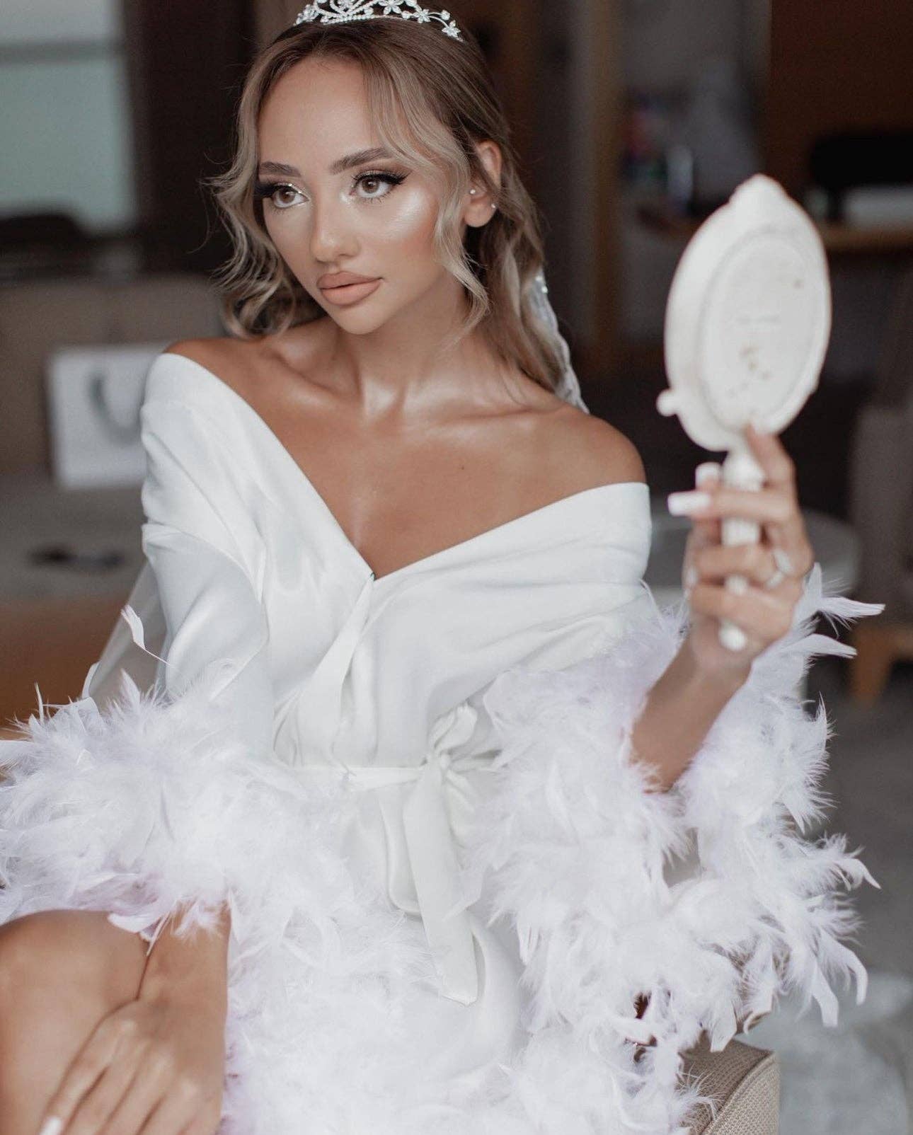 SOPHIA short silk bridal robe with ostrich feathers