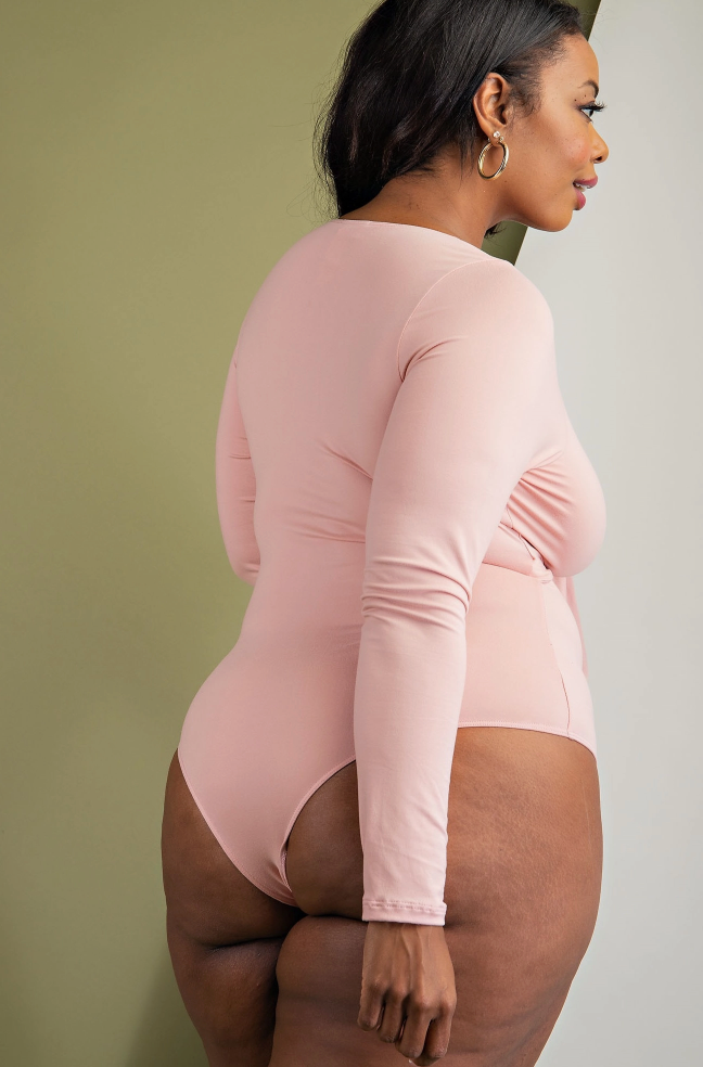 Pink Tie Front Long Sleeve Bodysuit (Plus Size)