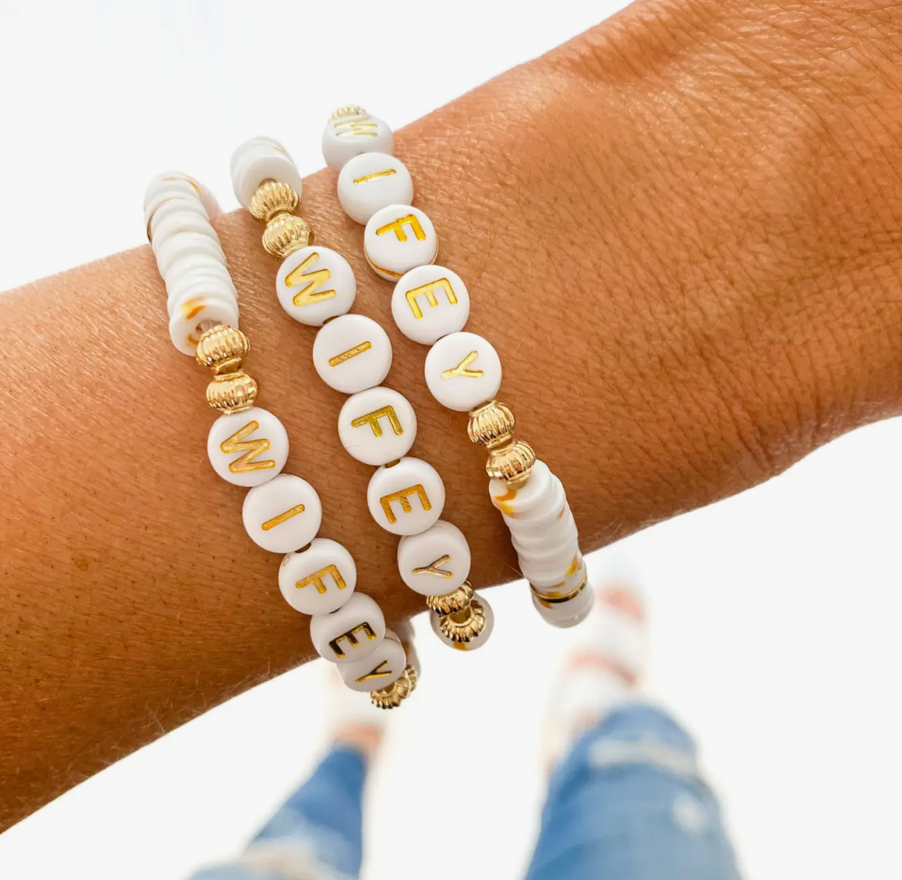 Gold & White Beaded Wifey Dalmatian Bracelet