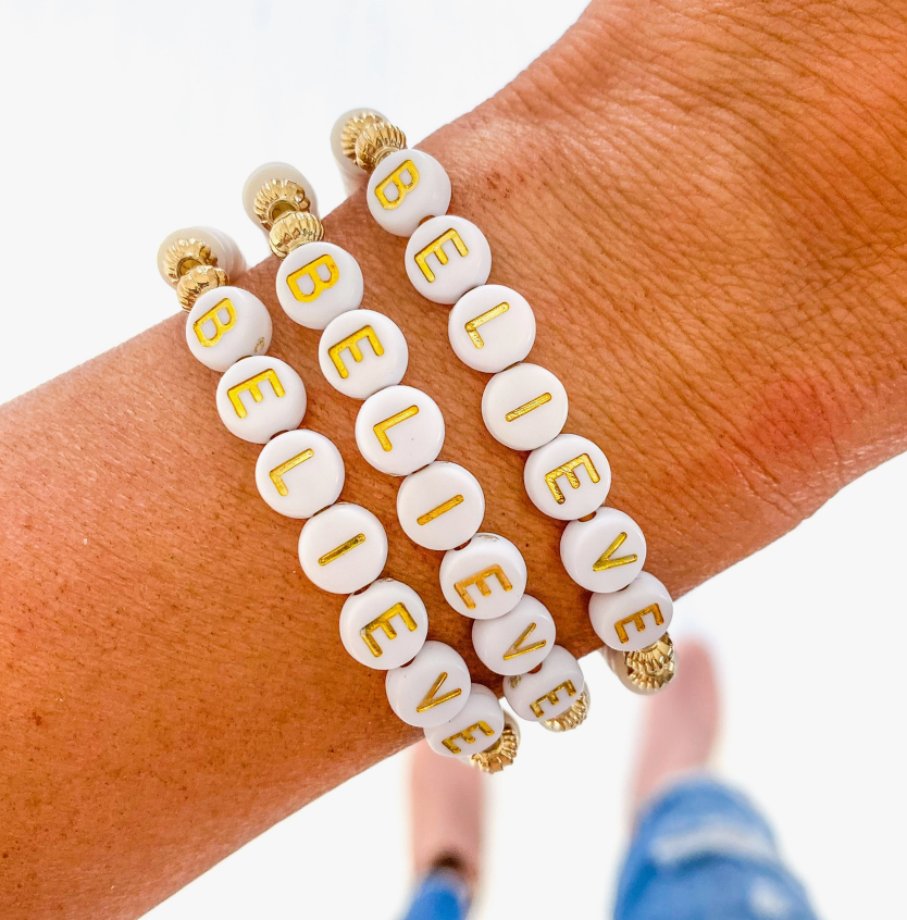 White & Gold Beaded Bracelet- Believe