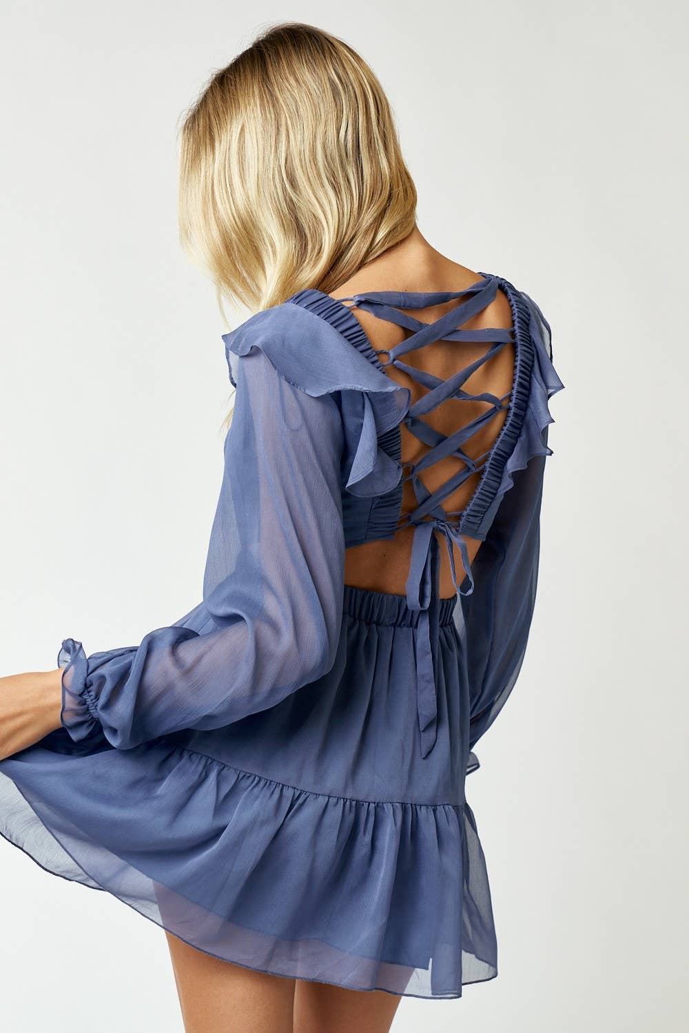 RUFFLE DETAIL LACE UP BACK BABAYDOLL DRESS